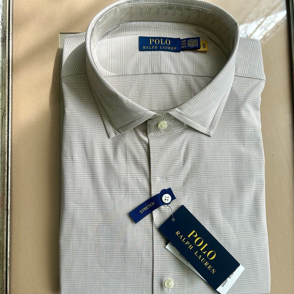 Polo Ralph Lauren Dress Shirt Mens 2XB Beige Micro Check Stretch Button Up NWT